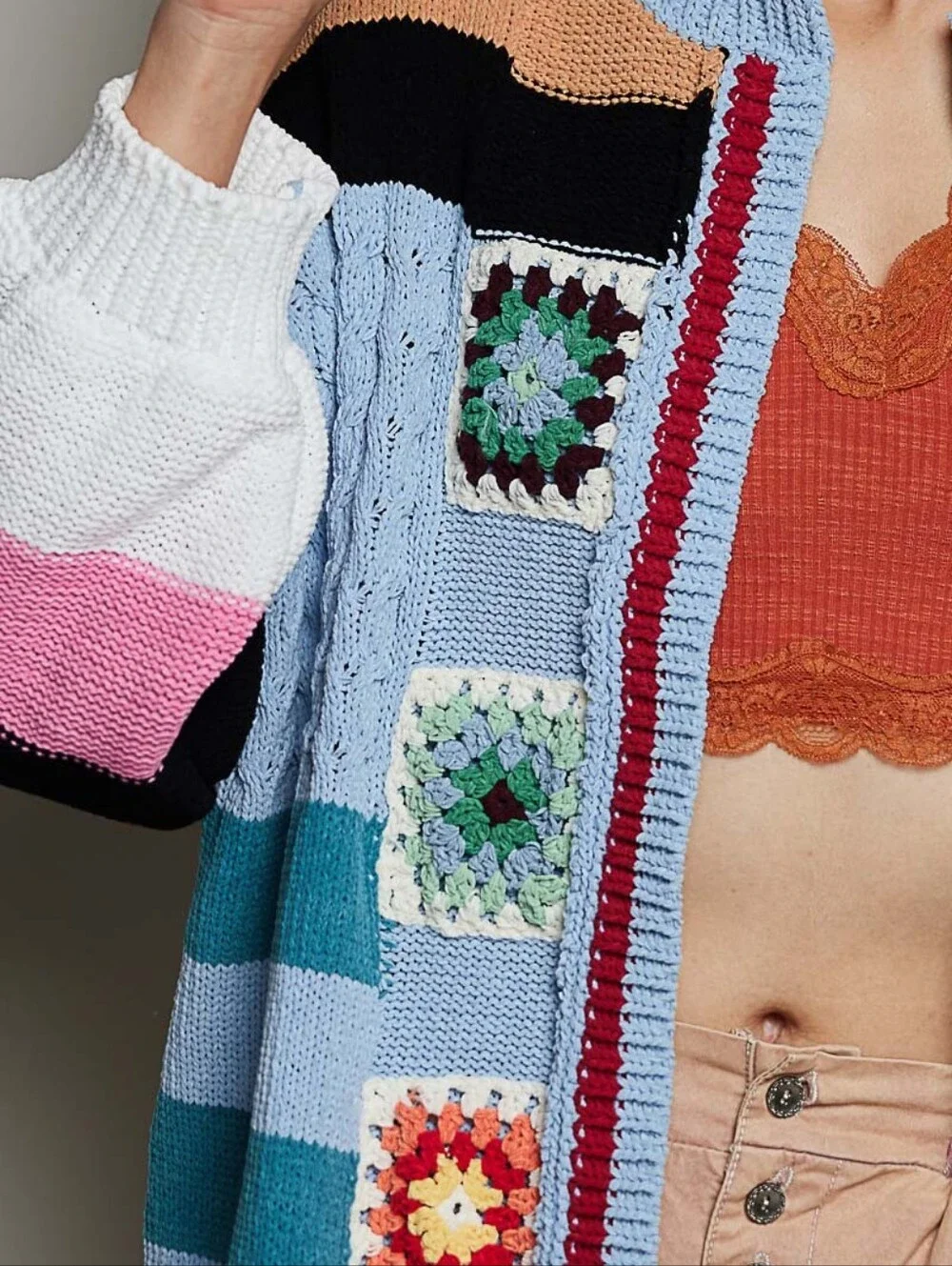 POL Crochet Granny Square Patch Chenille Sweater Cardigan Jogger Coordinated Set